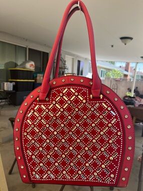 Red Studded Dome Tote with Gold Hardware